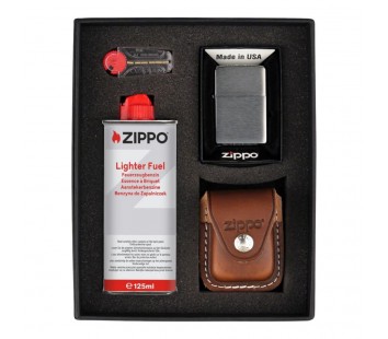 Zippo Set Chrome Brushed Brown Case