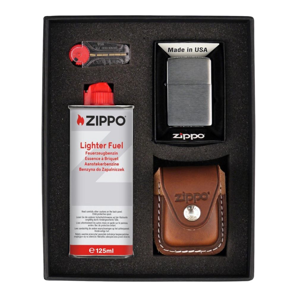 Zippo Set Chrome Brushed Brown Case